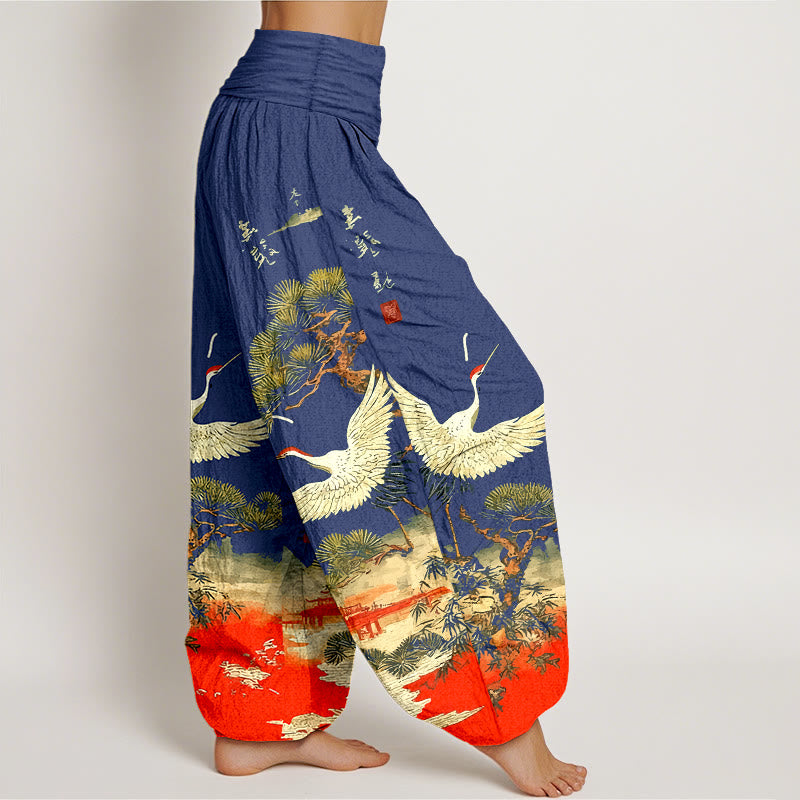 Pure Cotton Crane Print Harem Pants with Flexible Modal Waistband