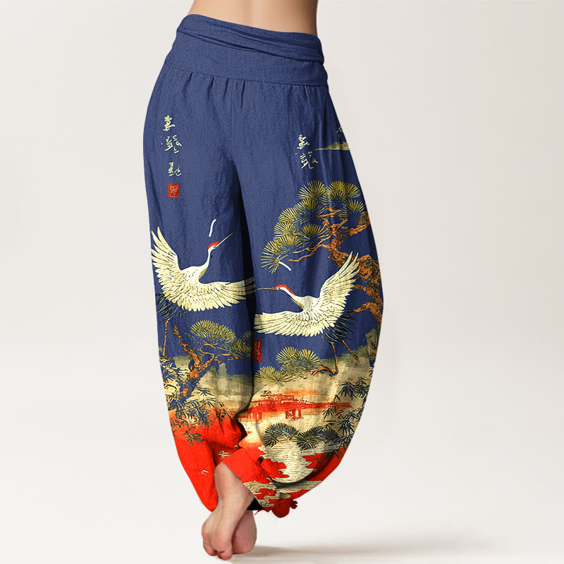 Pure Cotton Crane Print Harem Pants with Flexible Modal Waistband