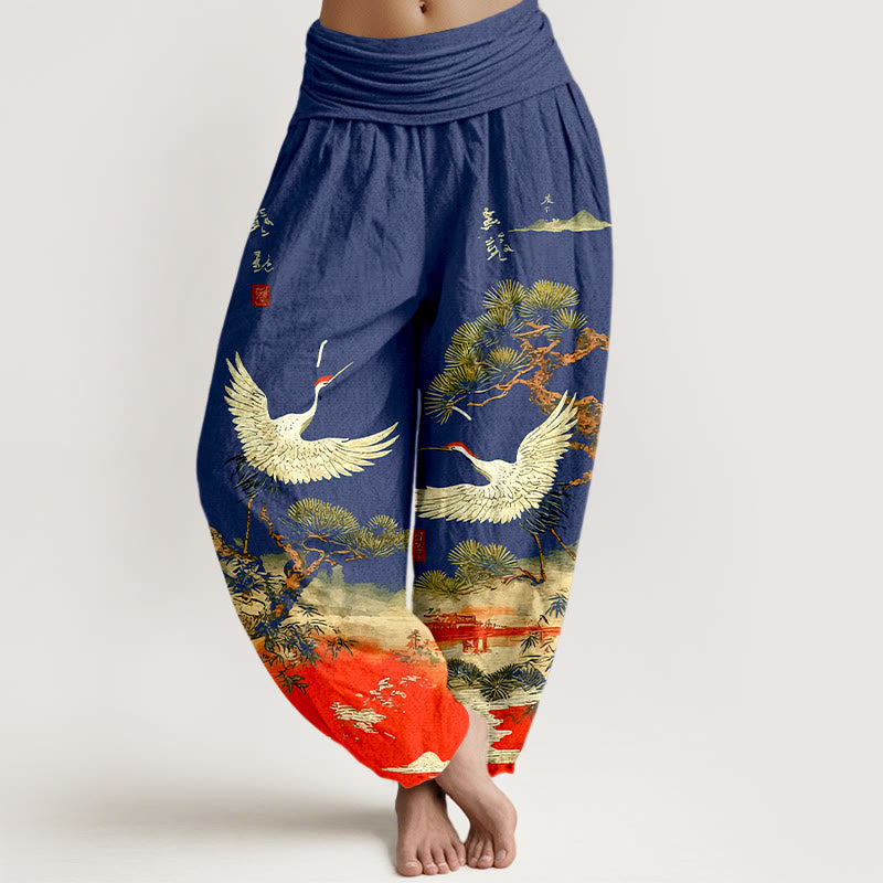 Pure Cotton Crane Print Harem Pants with Flexible Modal Waistband
