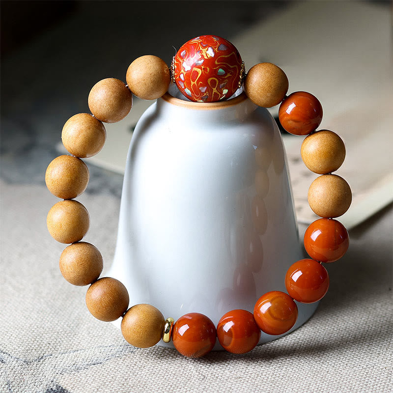 Sandalwood and South Red Agate Beaded Lacquer Craft Bracelet