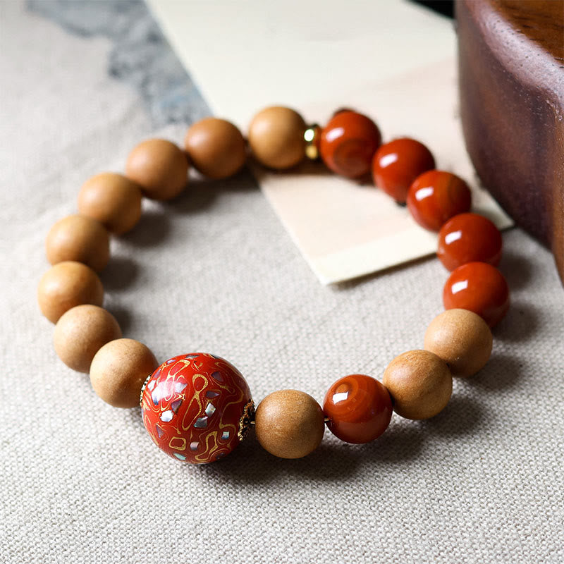 Sandalwood and South Red Agate Beaded Lacquer Craft Bracelet