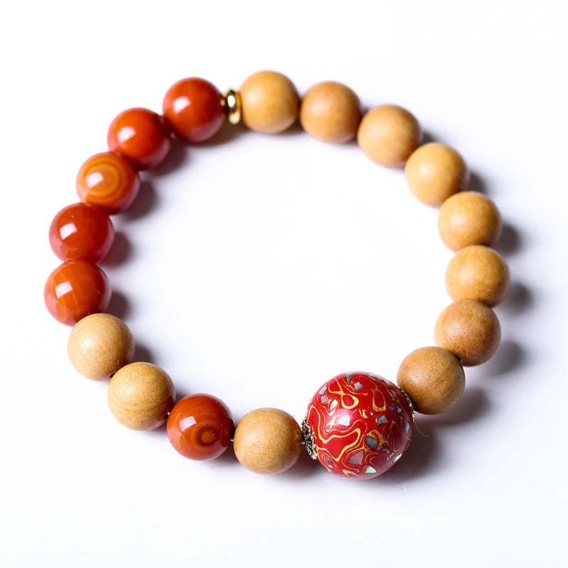 Sandalwood and South Red Agate Beaded Lacquer Craft Bracelet