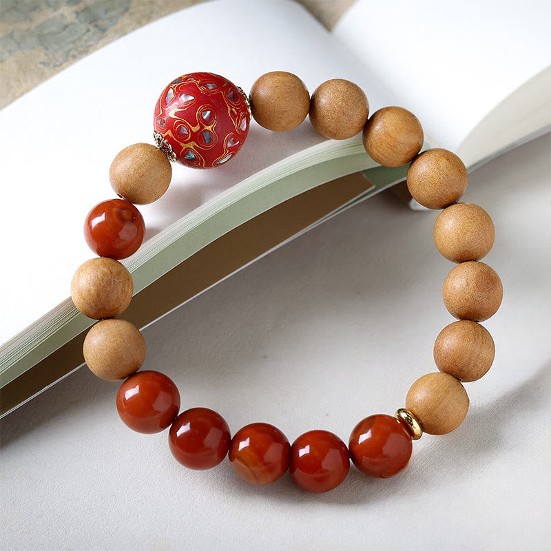 Sandalwood and South Red Agate Beaded Lacquer Craft Bracelet