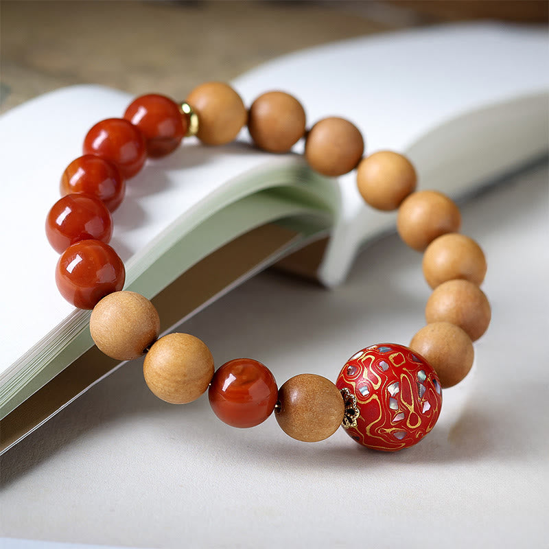 Sandalwood and South Red Agate Beaded Lacquer Craft Bracelet