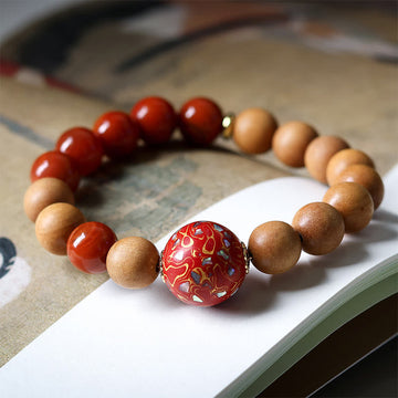 Sandalwood and South Red Agate Beaded Lacquer Craft Bracelet