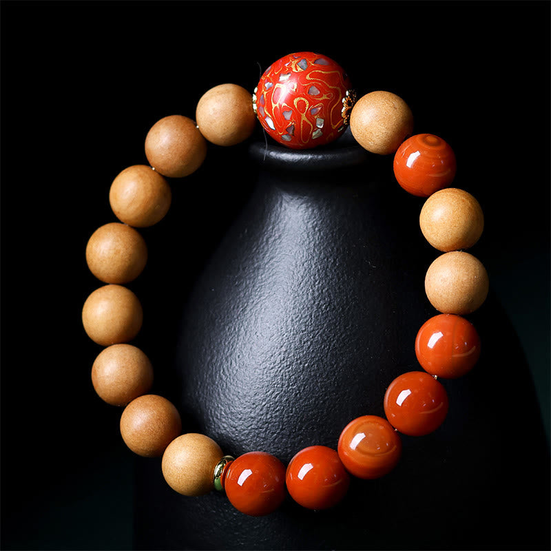 Sandalwood and South Red Agate Beaded Lacquer Craft Bracelet