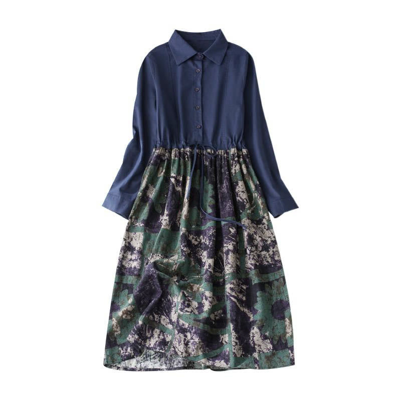 Tactile Linen Long-Sleeve Lapel Grounding Midi Dress