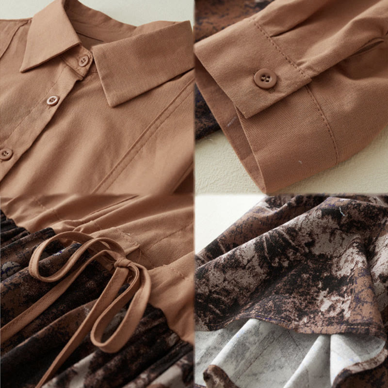 Tactile Linen Long-Sleeve Lapel Grounding Midi Dress