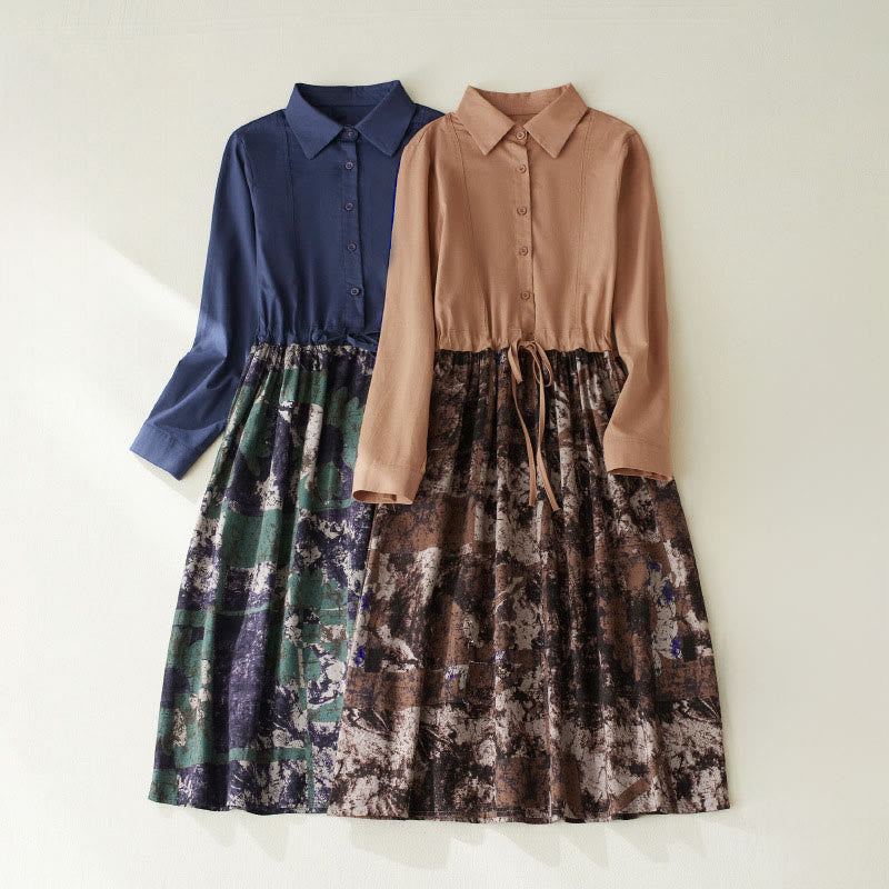 Tactile Linen Long-Sleeve Lapel Grounding Midi Dress
