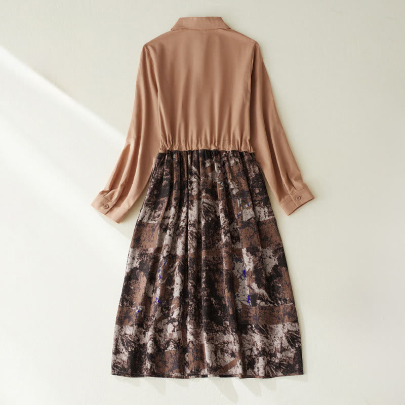Tactile Linen Long-Sleeve Lapel Grounding Midi Dress
