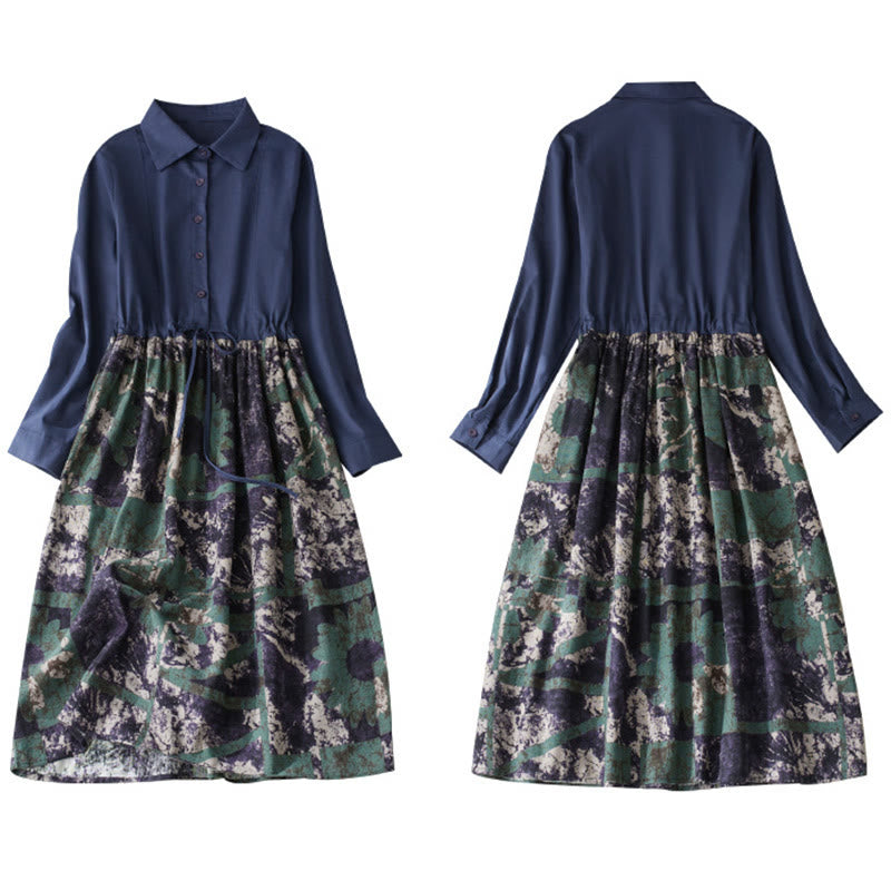 Tactile Linen Long-Sleeve Lapel Grounding Midi Dress