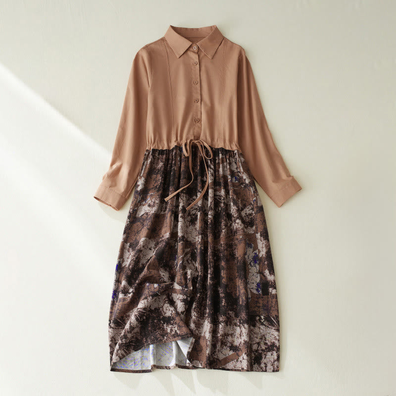 Tactile Linen Long-Sleeve Lapel Grounding Midi Dress