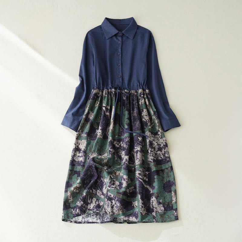 Tactile Linen Long-Sleeve Lapel Grounding Midi Dress