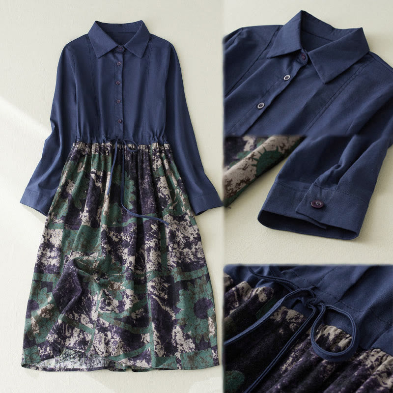Tactile Linen Long-Sleeve Lapel Grounding Midi Dress