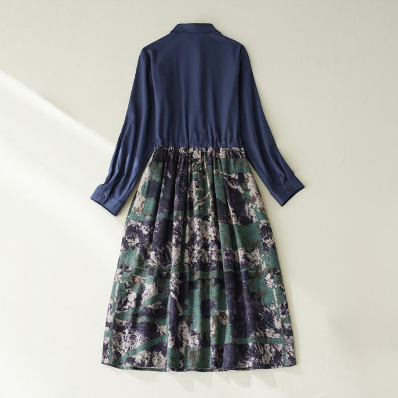 Tactile Linen Long-Sleeve Lapel Grounding Midi Dress
