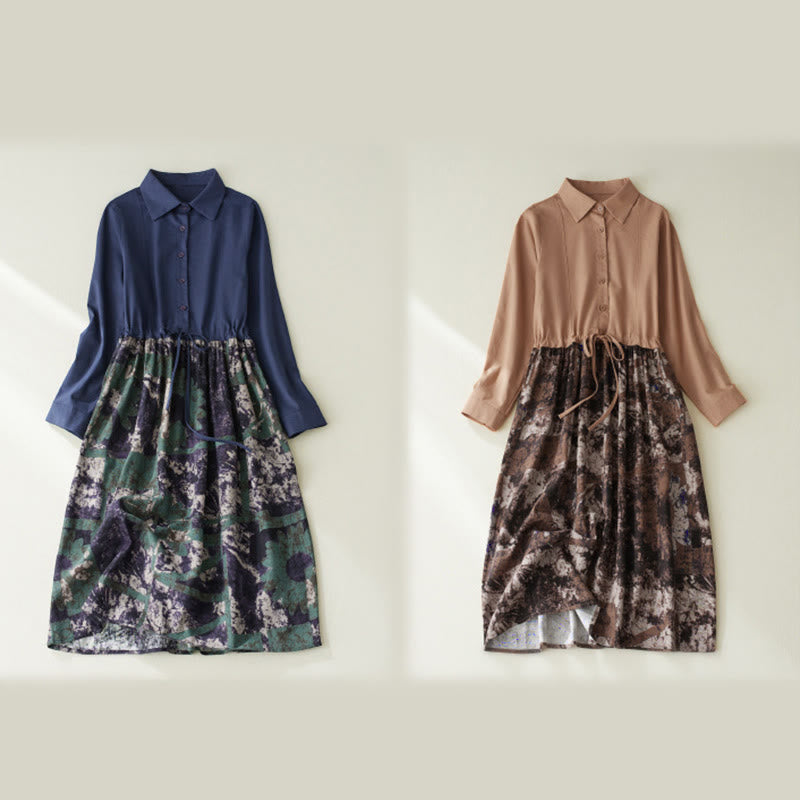 Tactile Linen Long-Sleeve Lapel Grounding Midi Dress