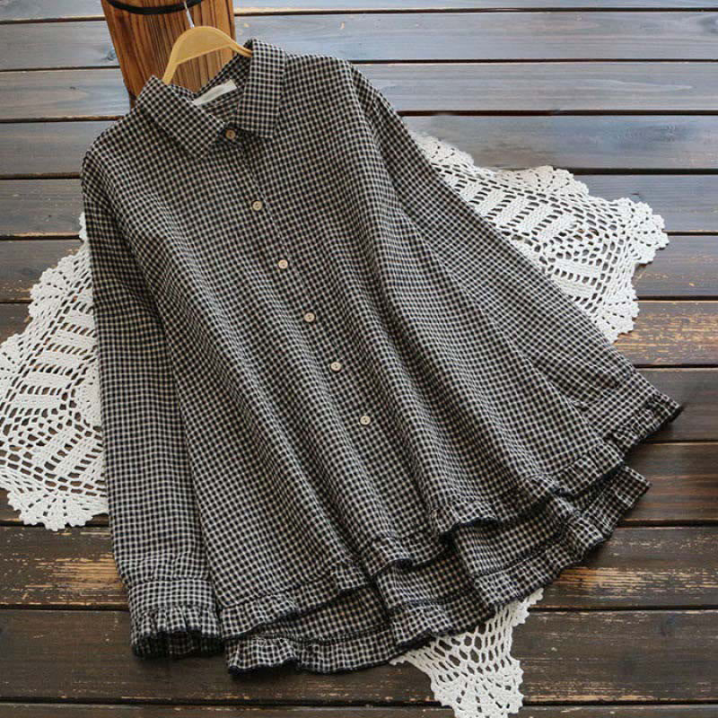 Breathable Cotton Plaid Long Sleeve Lapel Shirt for Mindful Daily Wear