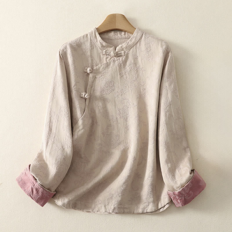 Cotton Linen Jacquard Diagonal Placket Meditation Shirt