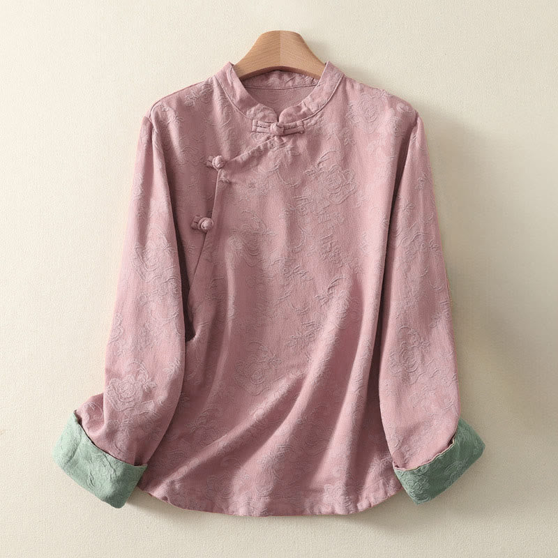 Cotton Linen Jacquard Diagonal Placket Meditation Shirt