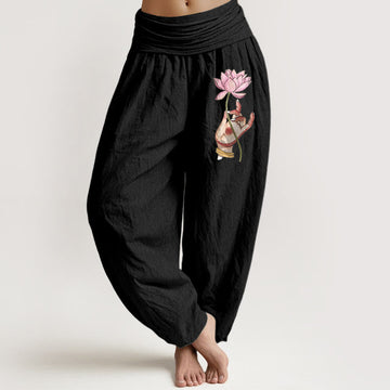 Pure Cotton Pleated Waist Lotus Print Meditation Harem Pants