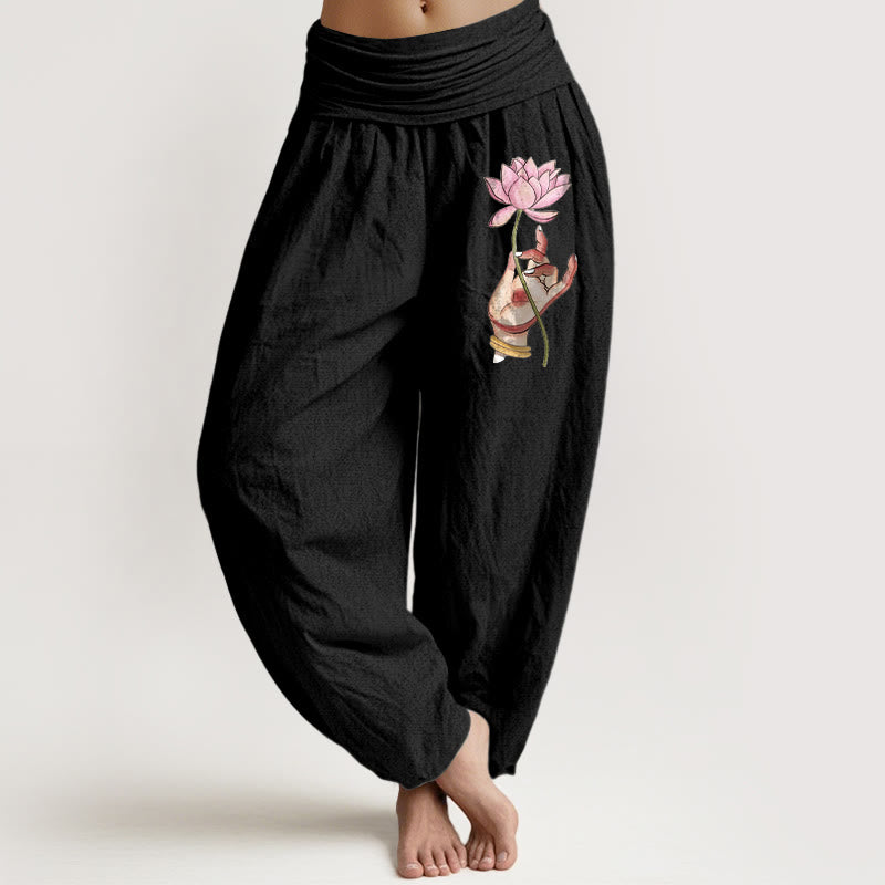Pure Cotton Pleated Waist Lotus Print Meditation Harem Pants