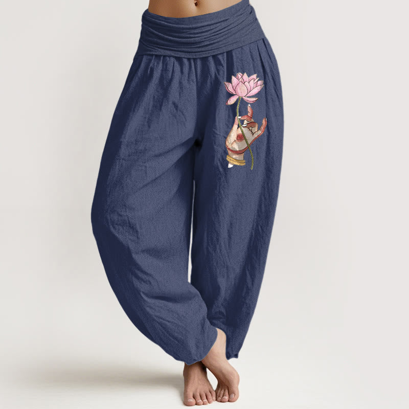 Pure Cotton Pleated Waist Lotus Print Meditation Harem Pants