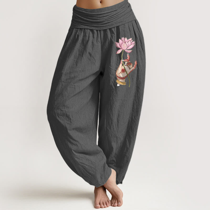 Pure Cotton Pleated Waist Lotus Print Meditation Harem Pants