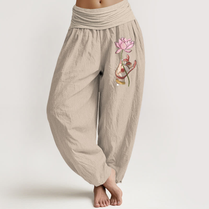 Pure Cotton Pleated Waist Lotus Print Meditation Harem Pants
