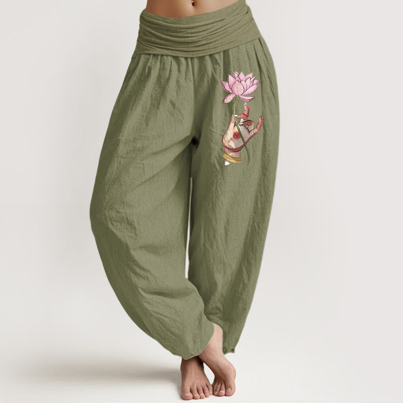 Pure Cotton Pleated Waist Lotus Print Meditation Harem Pants