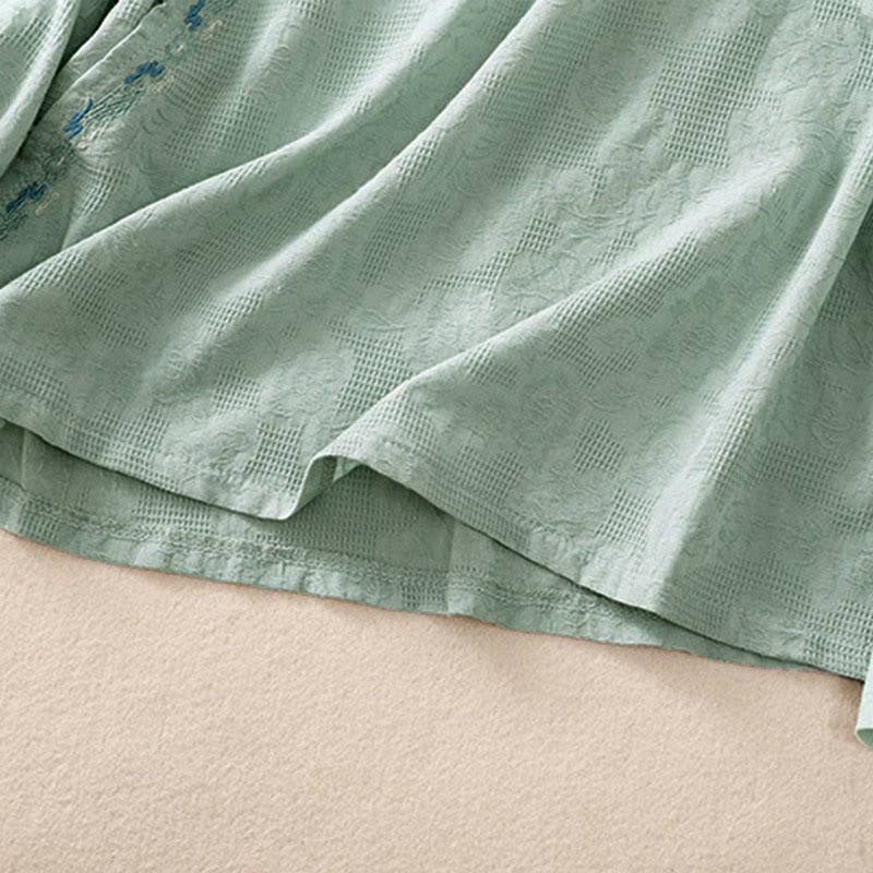 Embroidered Cotton Asymmetrical Frog-Button Long Sleeve Shirt