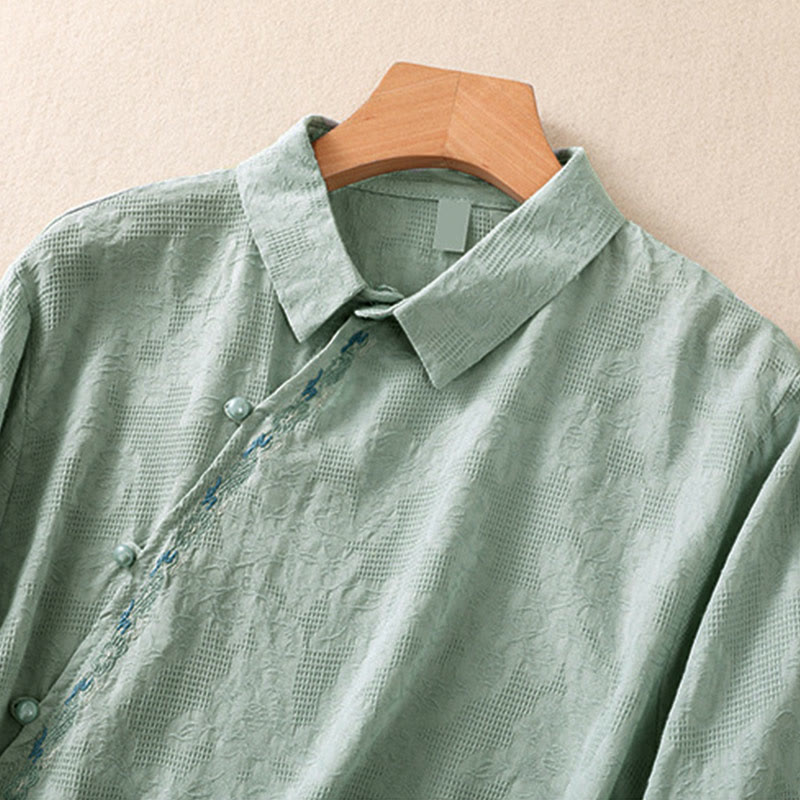 Embroidered Cotton Asymmetrical Frog-Button Long Sleeve Shirt