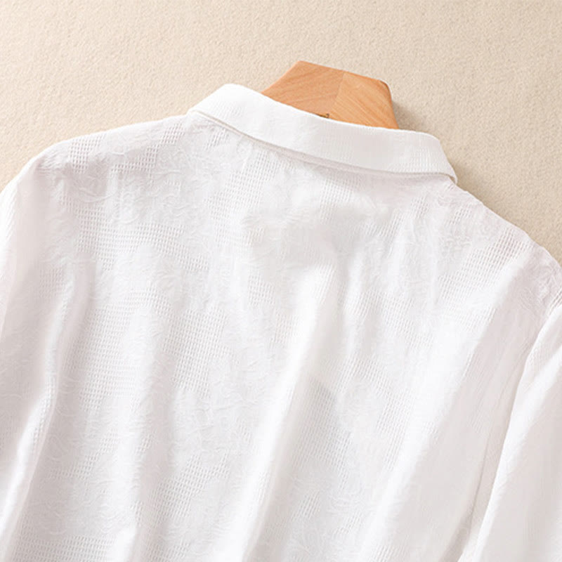 Embroidered Cotton Asymmetrical Frog-Button Long Sleeve Shirt