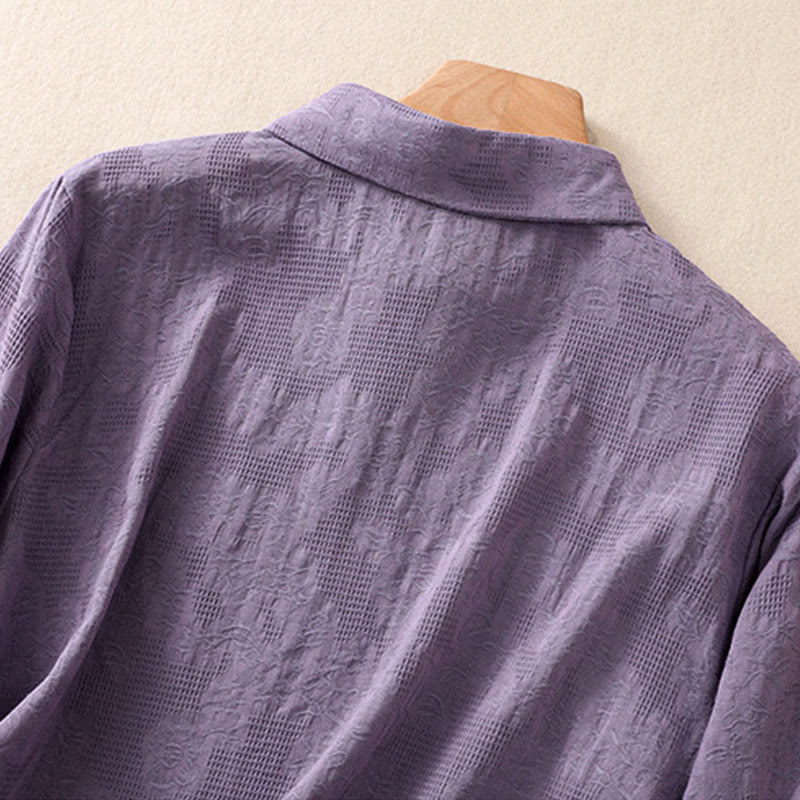 Embroidered Cotton Asymmetrical Frog-Button Long Sleeve Shirt