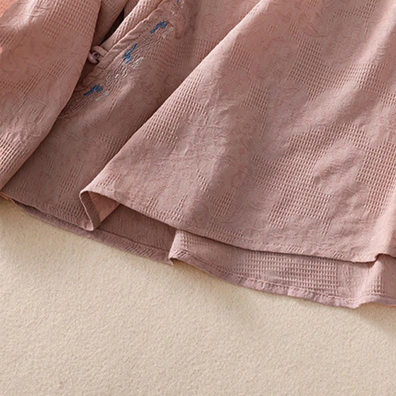 Embroidered Cotton Asymmetrical Frog-Button Long Sleeve Shirt