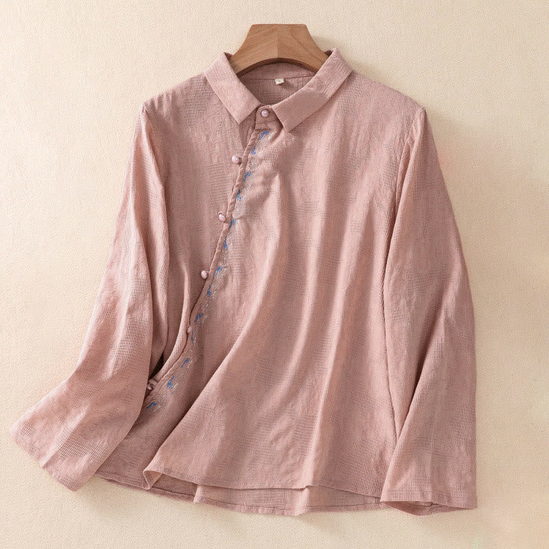 Embroidered Cotton Asymmetrical Frog-Button Long Sleeve Shirt