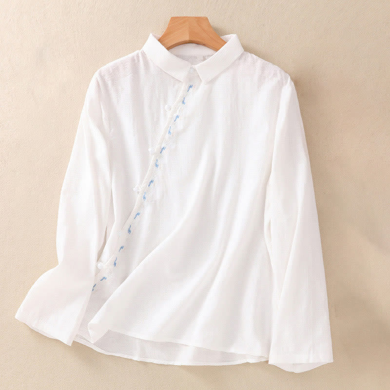 Embroidered Cotton Asymmetrical Frog-Button Long Sleeve Shirt