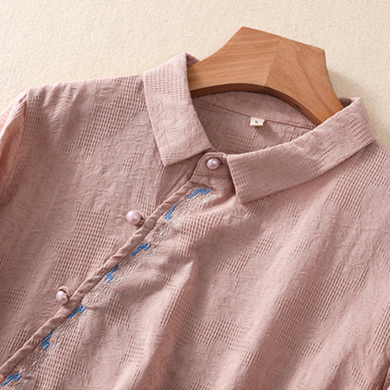Embroidered Cotton Asymmetrical Frog-Button Long Sleeve Shirt