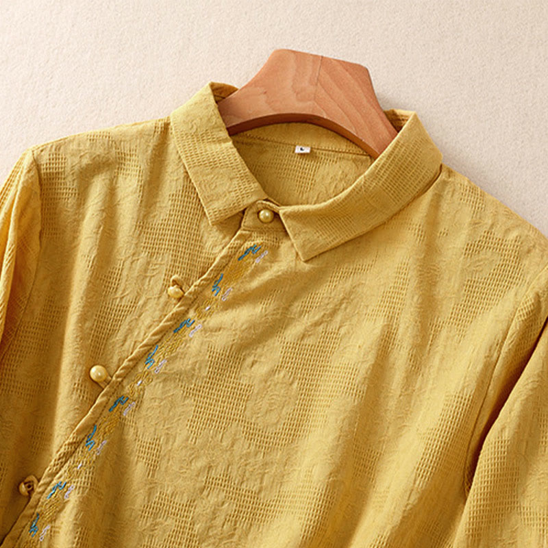 Embroidered Cotton Asymmetrical Frog-Button Long Sleeve Shirt