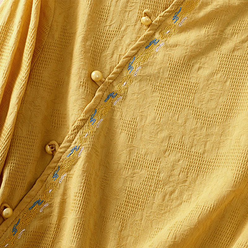 Embroidered Cotton Asymmetrical Frog-Button Long Sleeve Shirt