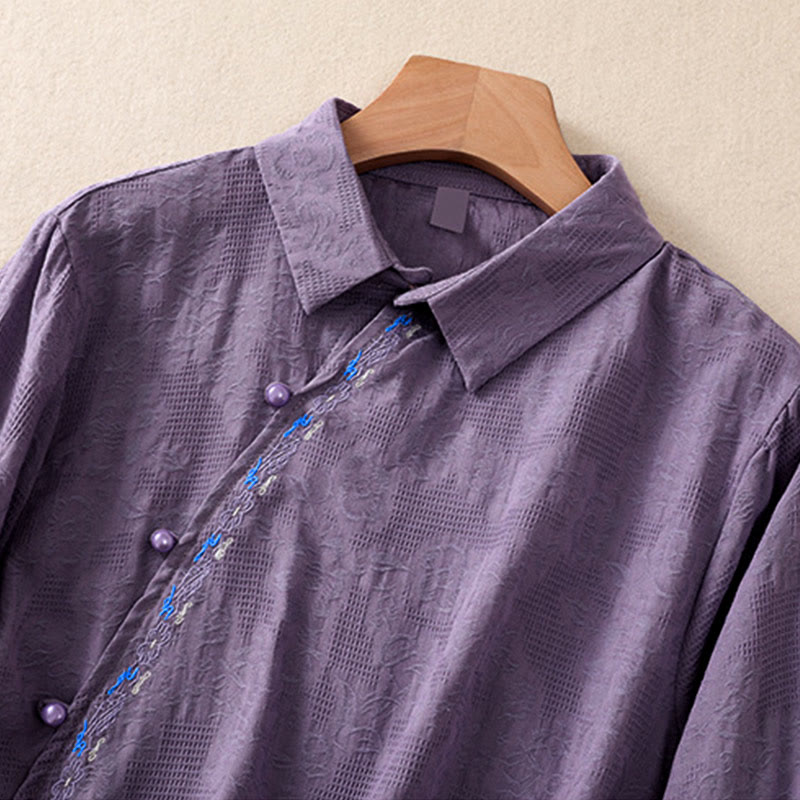 Embroidered Cotton Asymmetrical Frog-Button Long Sleeve Shirt