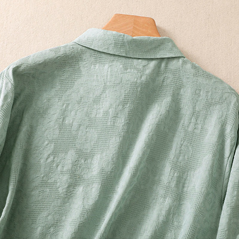 Embroidered Cotton Asymmetrical Frog-Button Long Sleeve Shirt