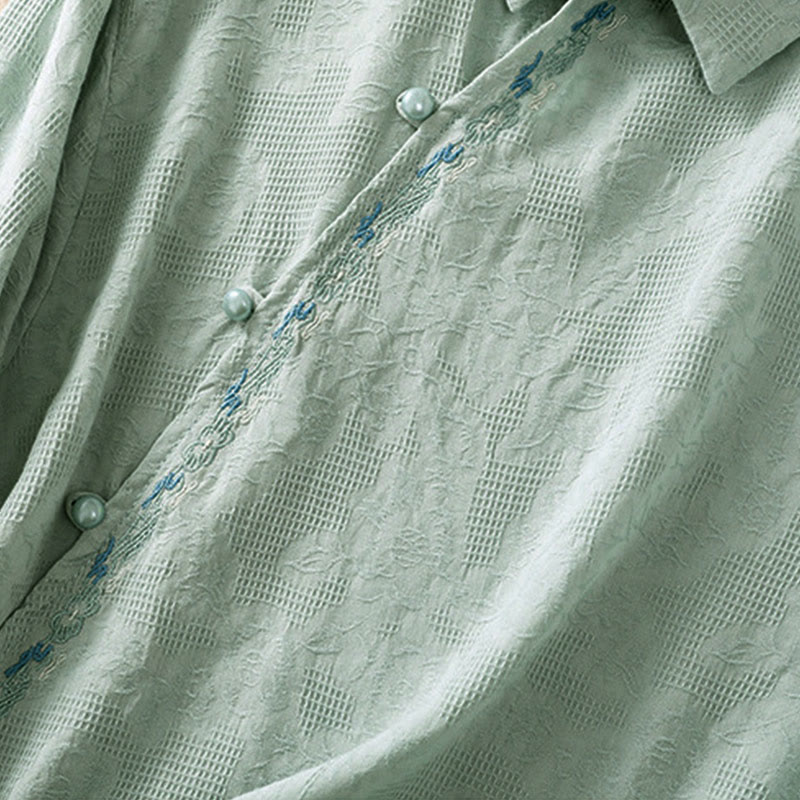 Embroidered Cotton Asymmetrical Frog-Button Long Sleeve Shirt