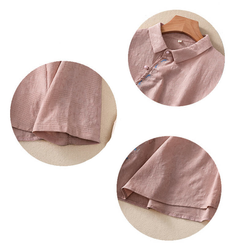 Embroidered Cotton Asymmetrical Frog-Button Long Sleeve Shirt