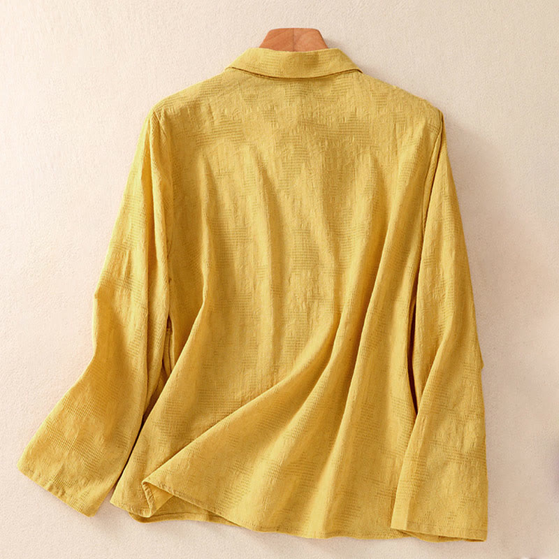 Embroidered Cotton Asymmetrical Frog-Button Long Sleeve Shirt