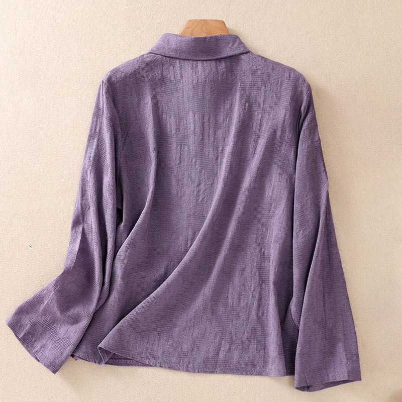 Embroidered Cotton Asymmetrical Frog-Button Long Sleeve Shirt