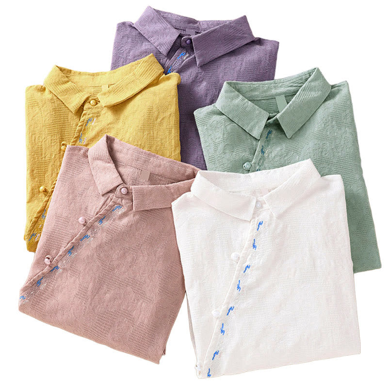 Embroidered Cotton Asymmetrical Frog-Button Long Sleeve Shirt
