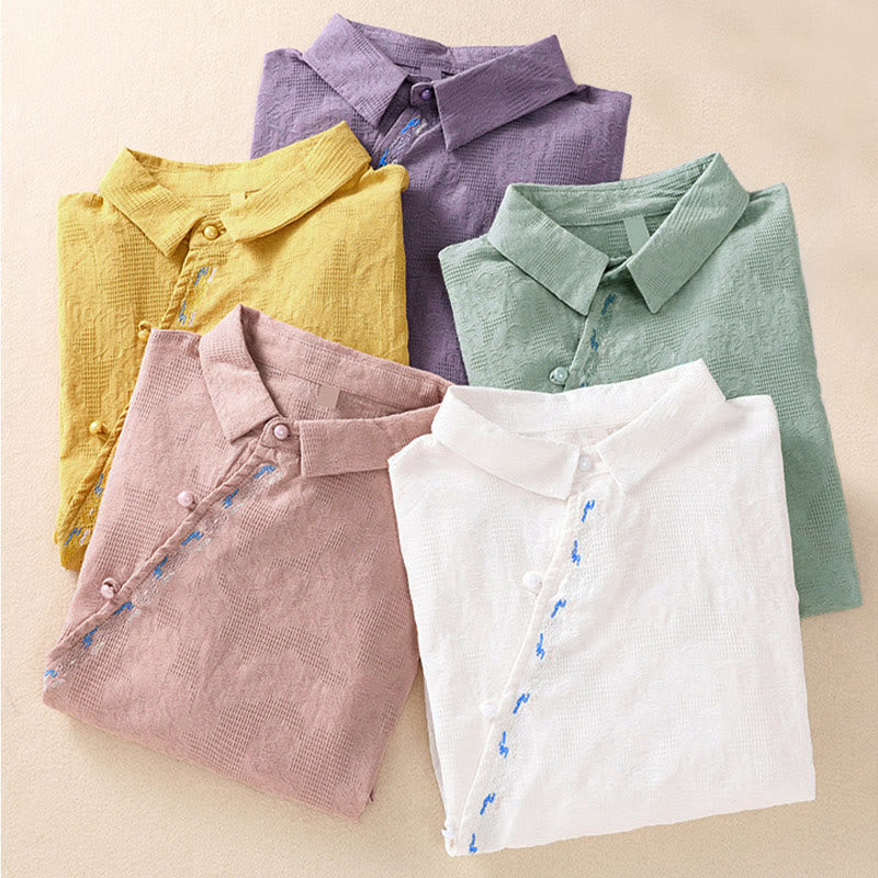 Embroidered Cotton Asymmetrical Frog-Button Long Sleeve Shirt