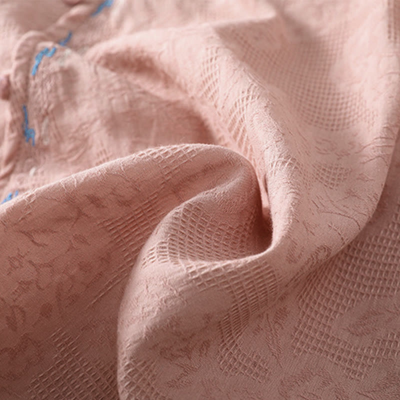 Embroidered Cotton Asymmetrical Frog-Button Long Sleeve Shirt
