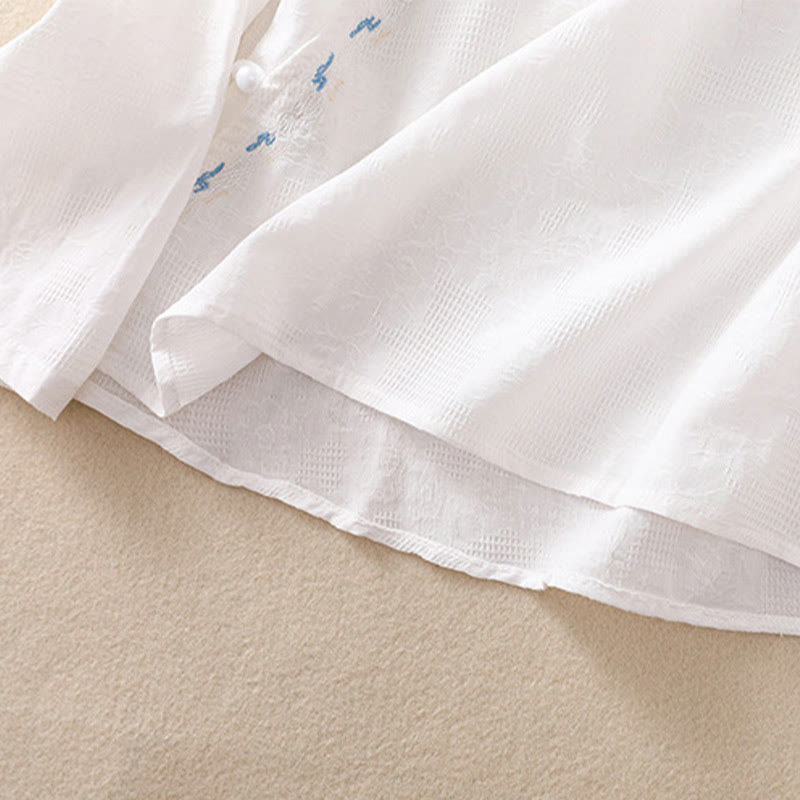 Embroidered Cotton Asymmetrical Frog-Button Long Sleeve Shirt