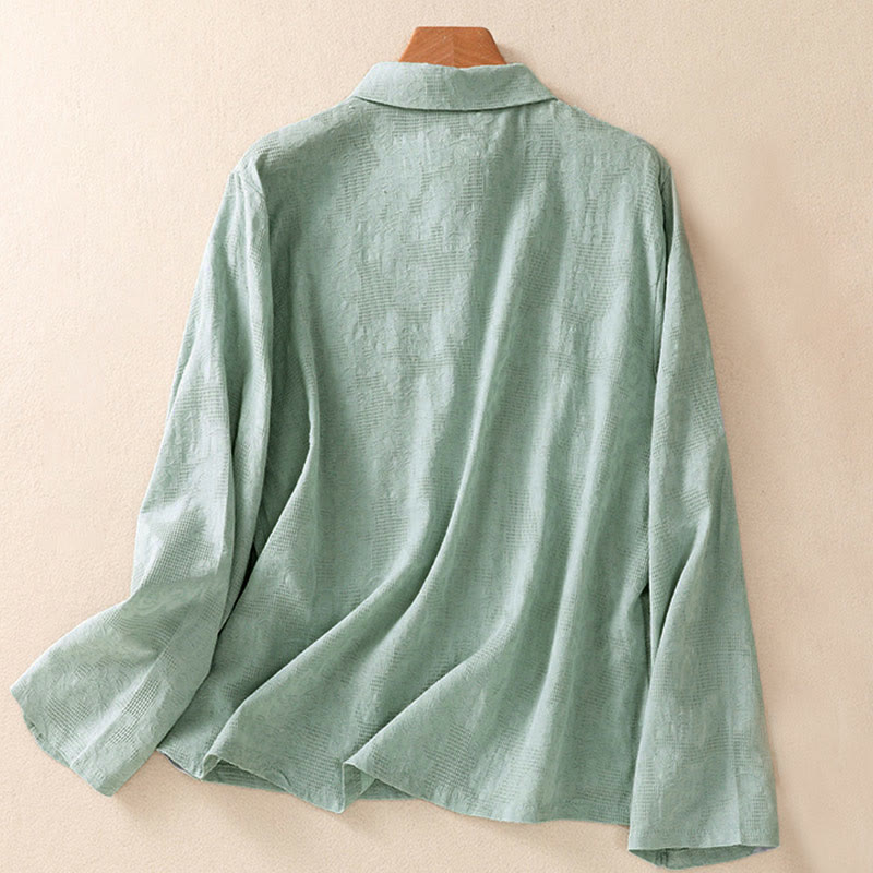 Embroidered Cotton Asymmetrical Frog-Button Long Sleeve Shirt